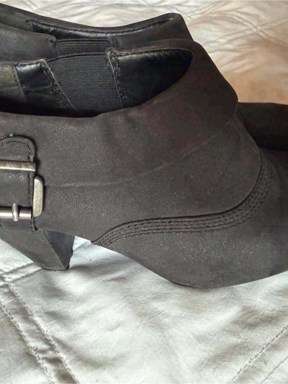 Black Suede Ankle Heeled Boots with Buckle Detail
